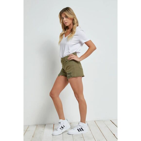 Mica Denim Olive Green Denim High Rise Shorts - Picture 2 of 4